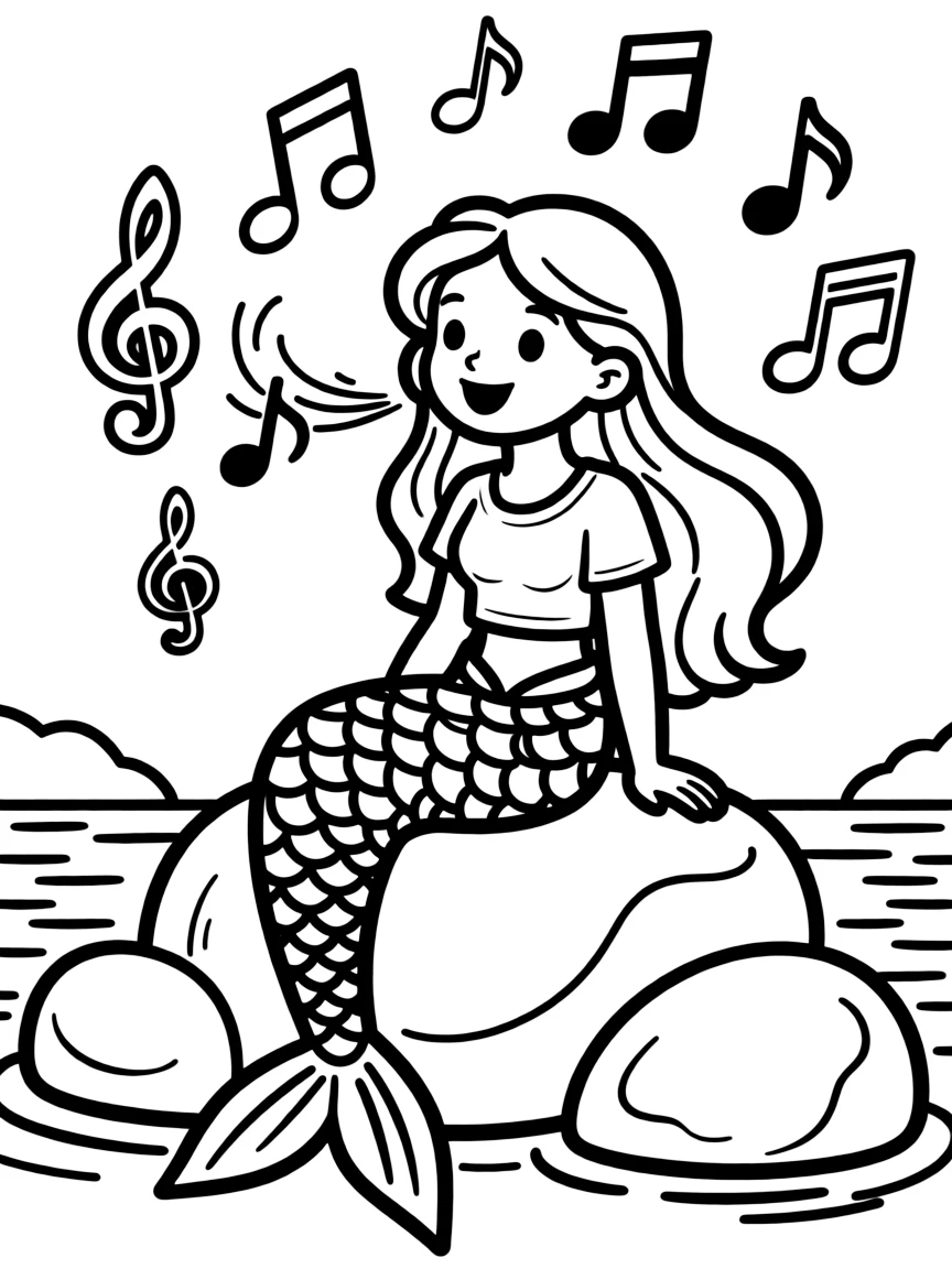 A siren singing on rocks with musical notes visible in the air