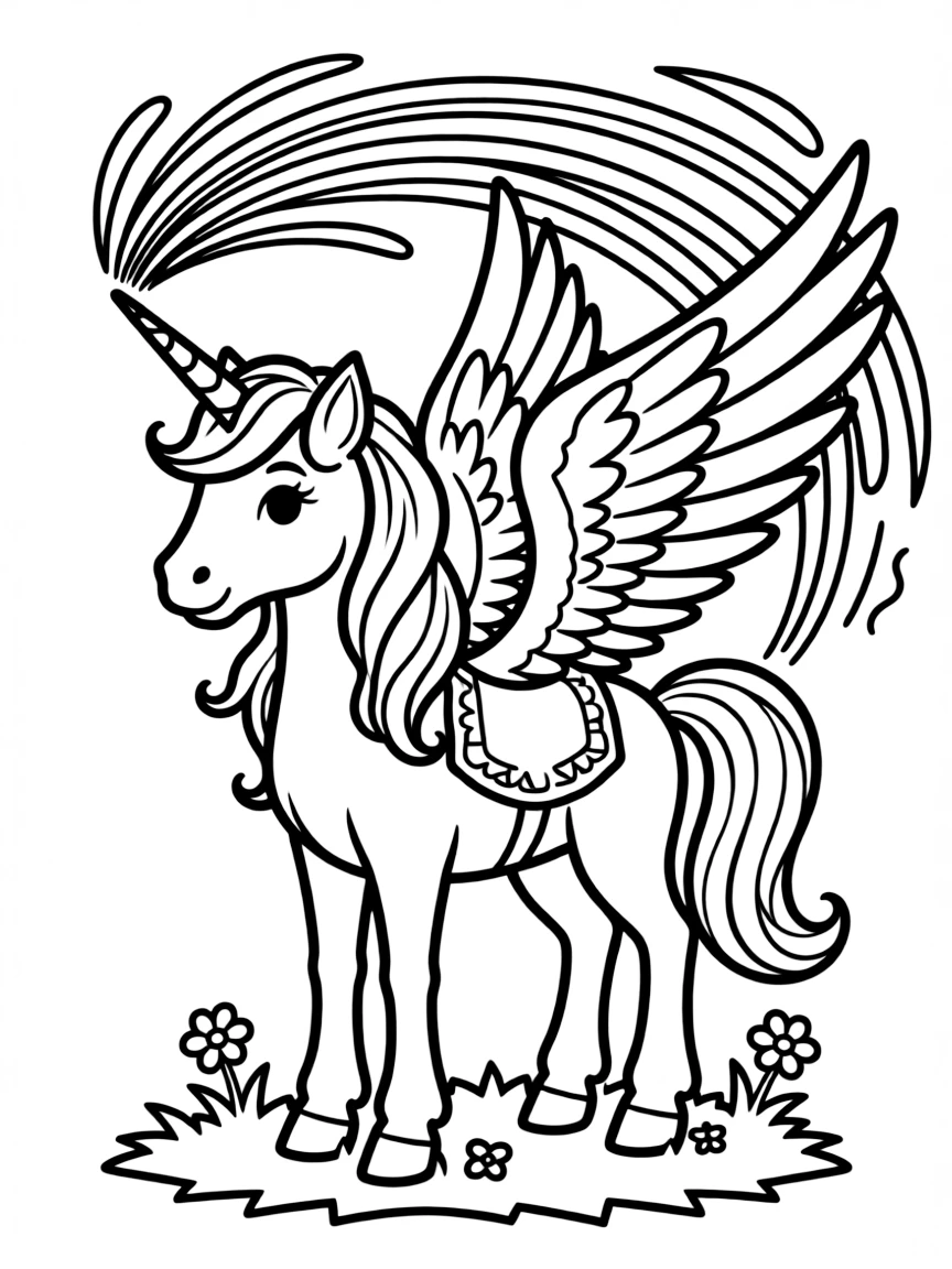 An alicorn (winged unicorn) creating rainbows with horn and wings