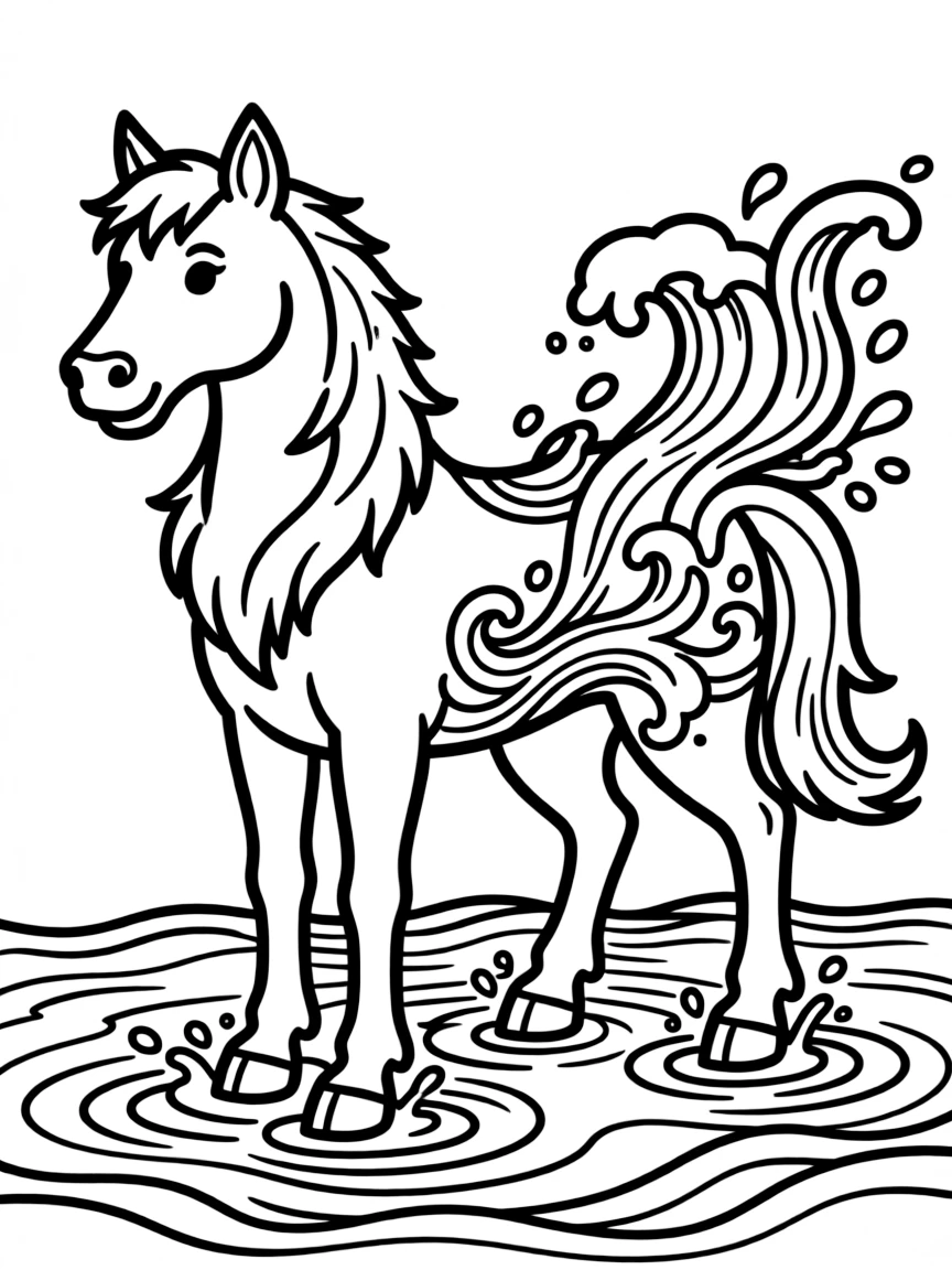 A kelpie transforming between horse and water elemental forms