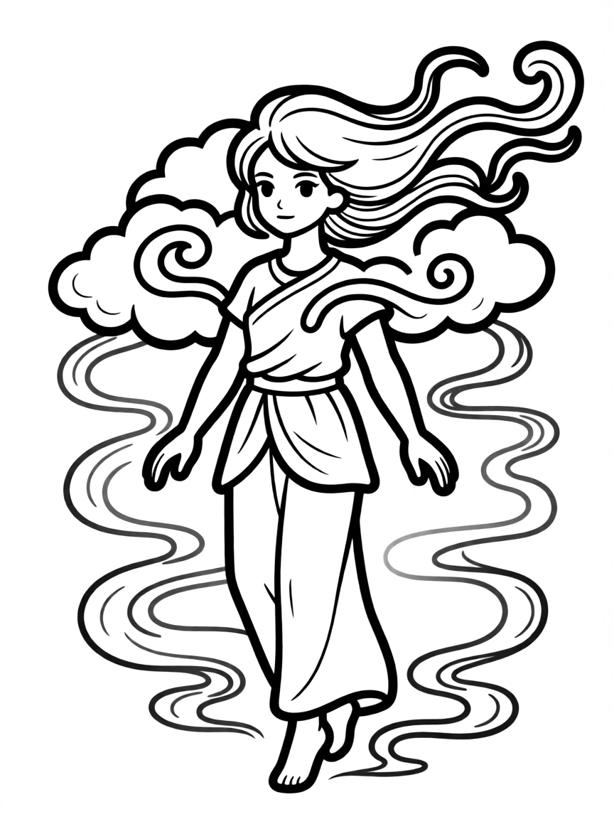 A sylph with body partially transformed into wind and clouds