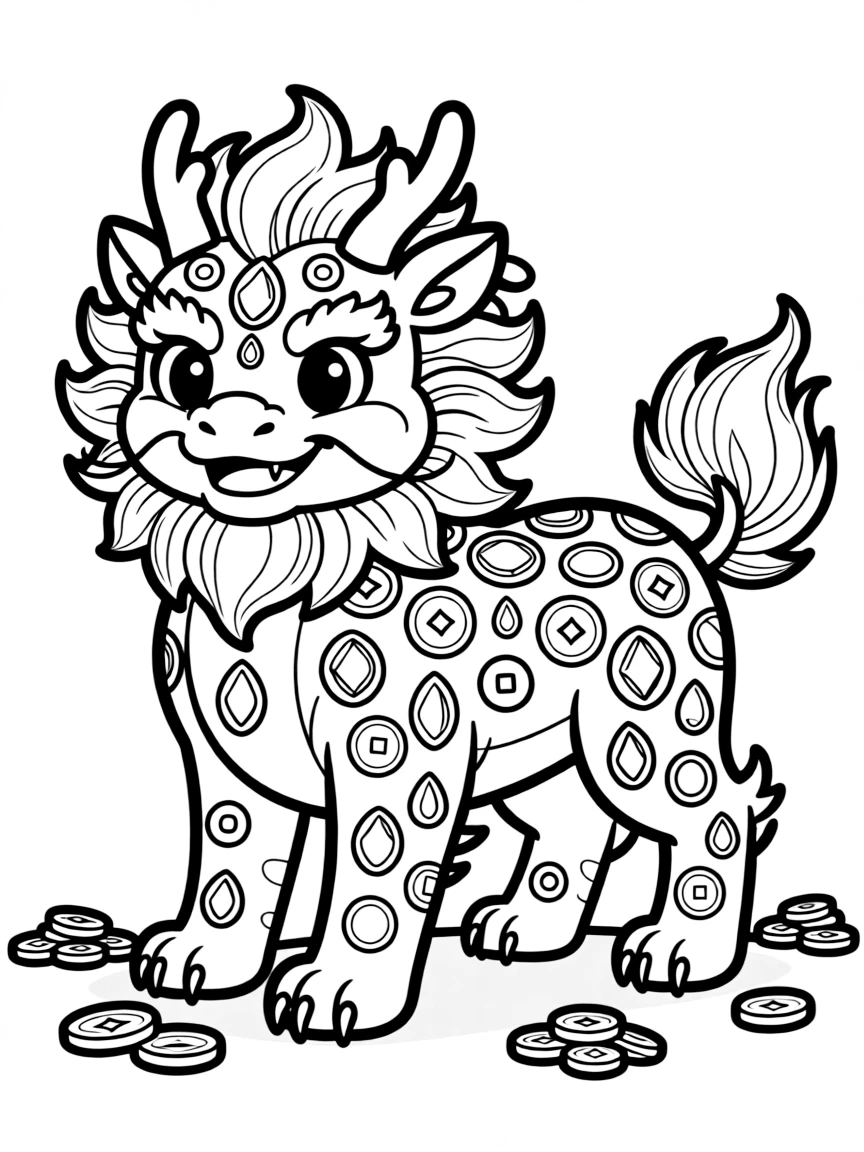 A pixiu with coins and jewels embedded in its lion-like body