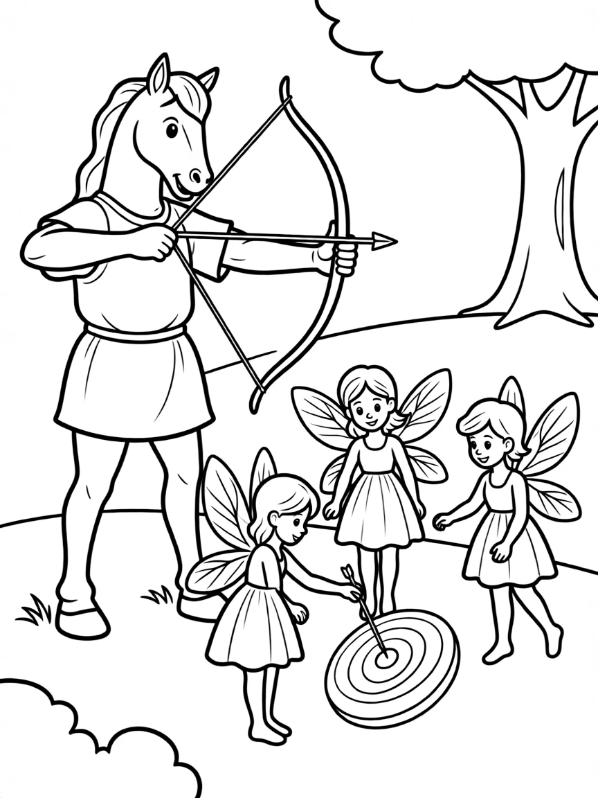 A centaur teaching young fairies how to use a bow and arrow