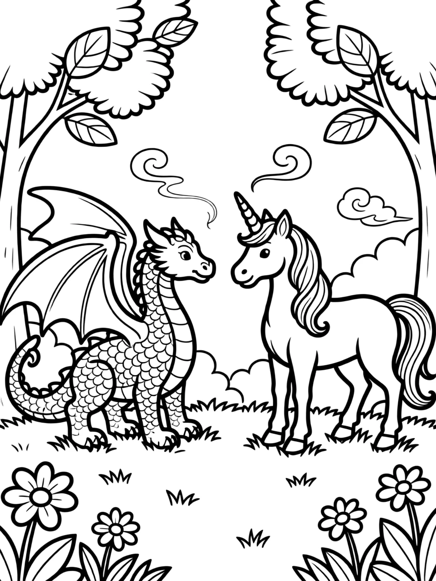 A dragon and unicorn facing each other in a misty clearing