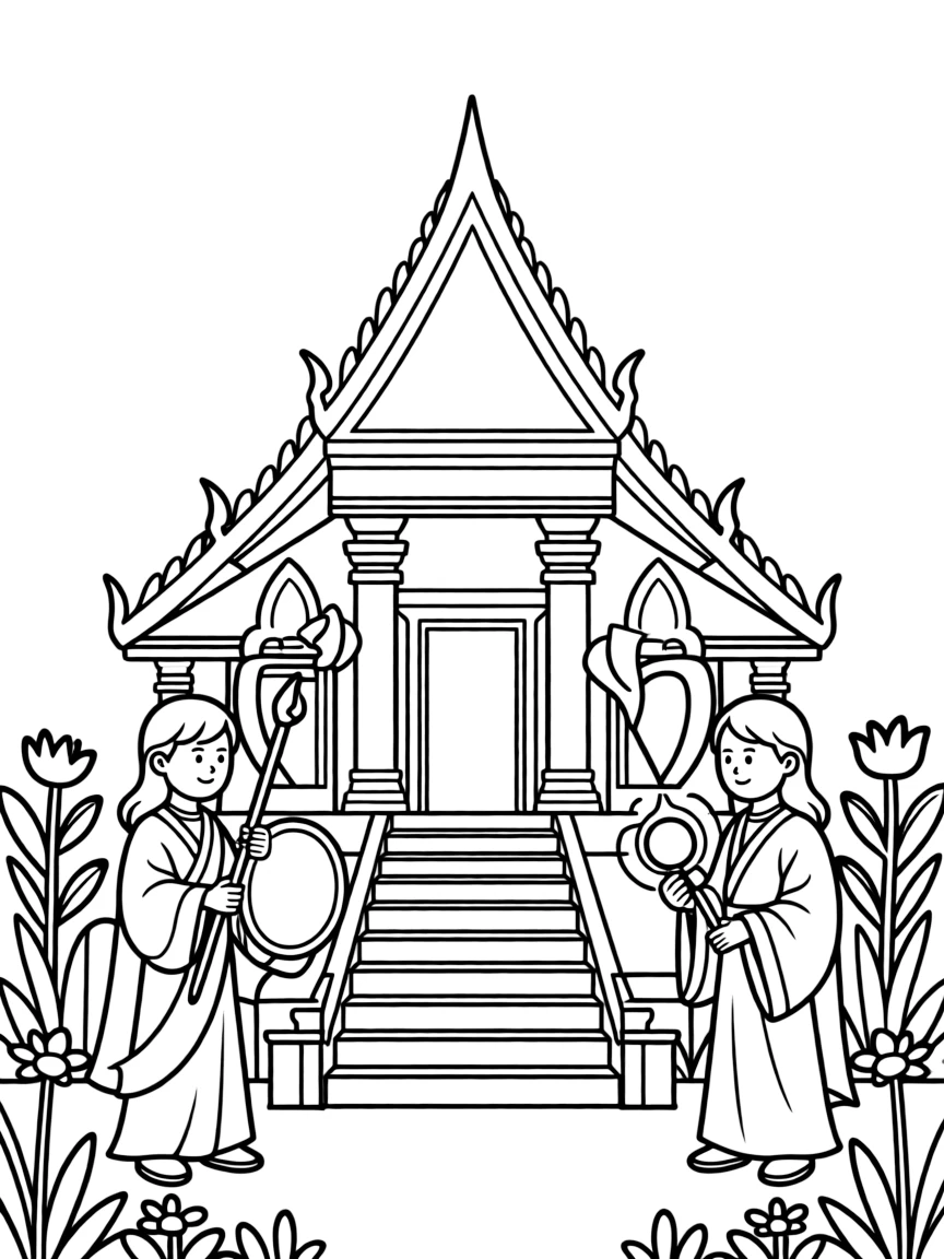 Mythical guardians positioned around a sacred temple