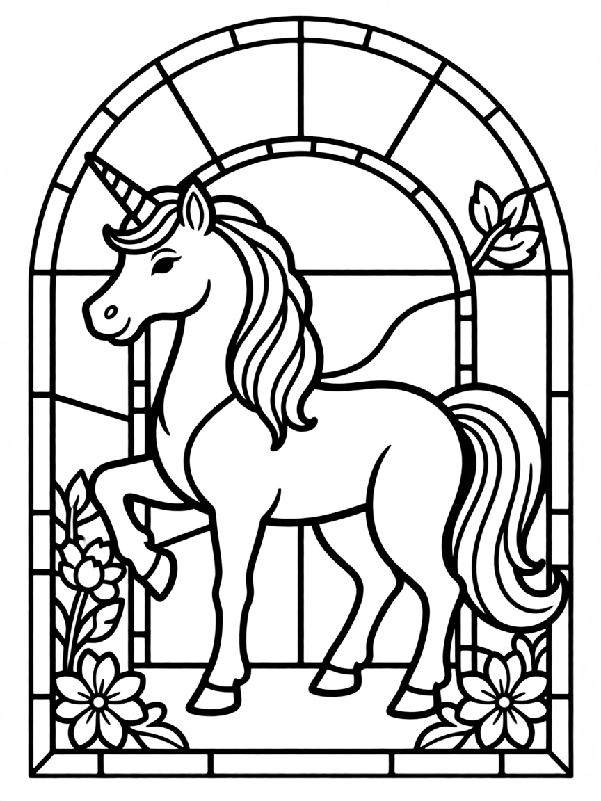 A unicorn depicted in stained glass window style