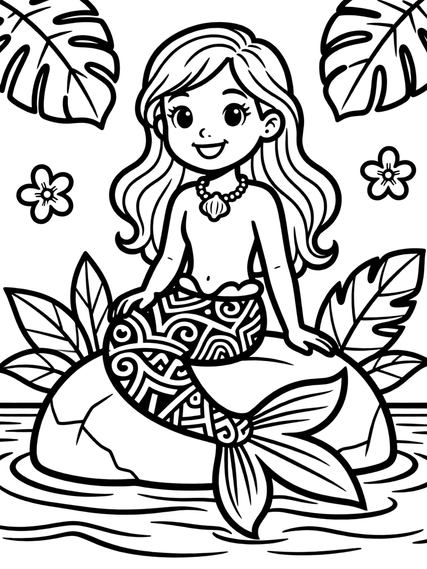 A mermaid illustrated in Hawaiian tribal tattooing style