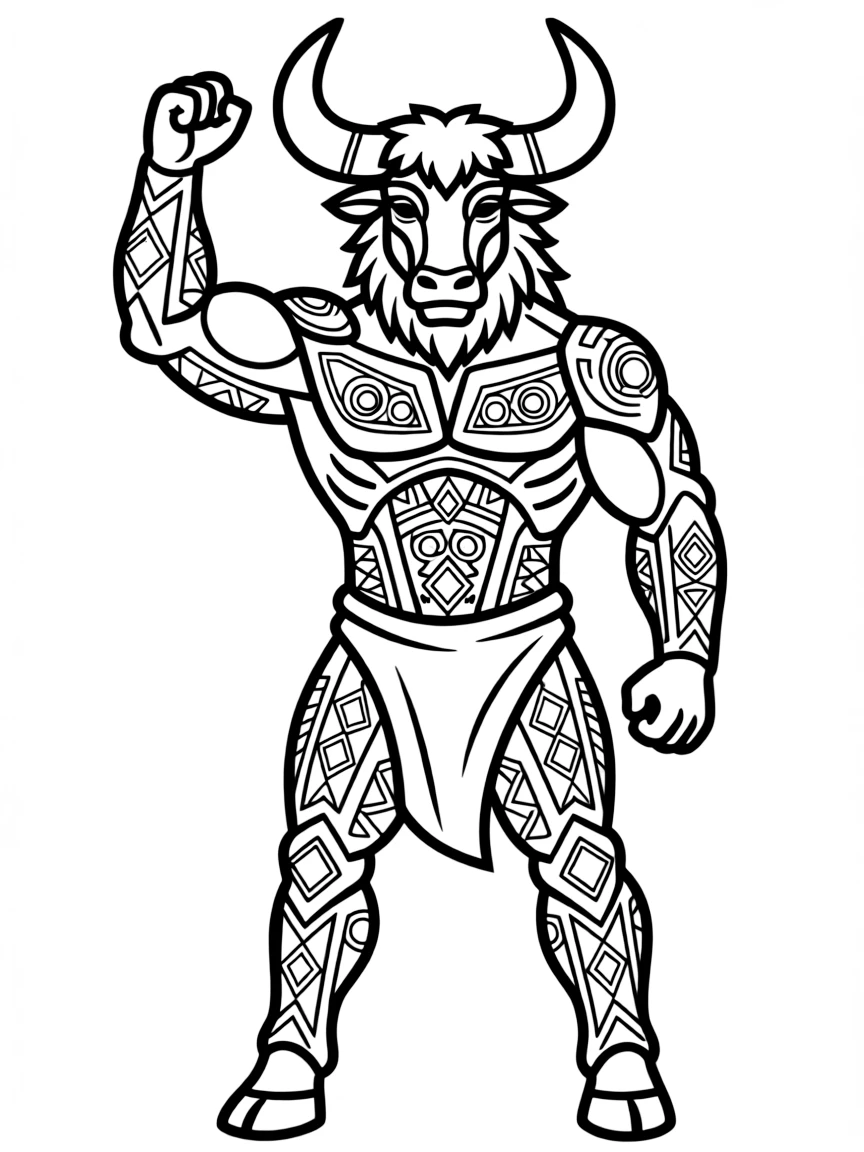 A minotaur rendered in bold Art Deco geometric patterns