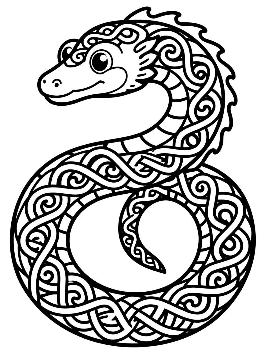 A sea serpent in Celtic knotwork and spiral patterns