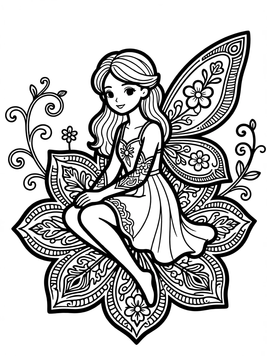 A fairy drawn in elaborate henna/mehndi pattern style
