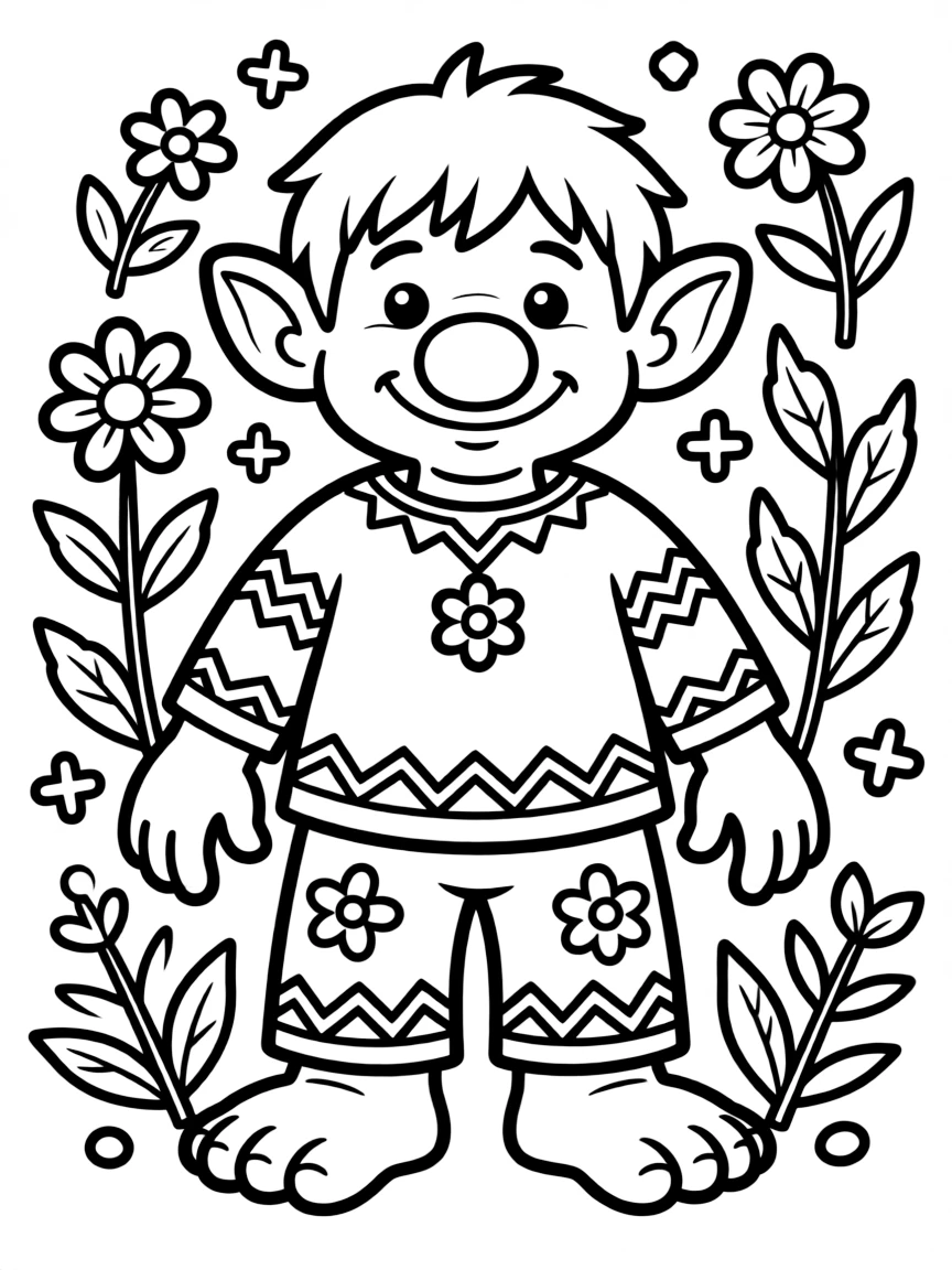 A troll portrayed in Scandinavian folk art style