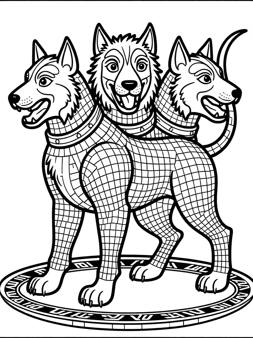 Cerberus portrayed in Classical Roman mosaic style