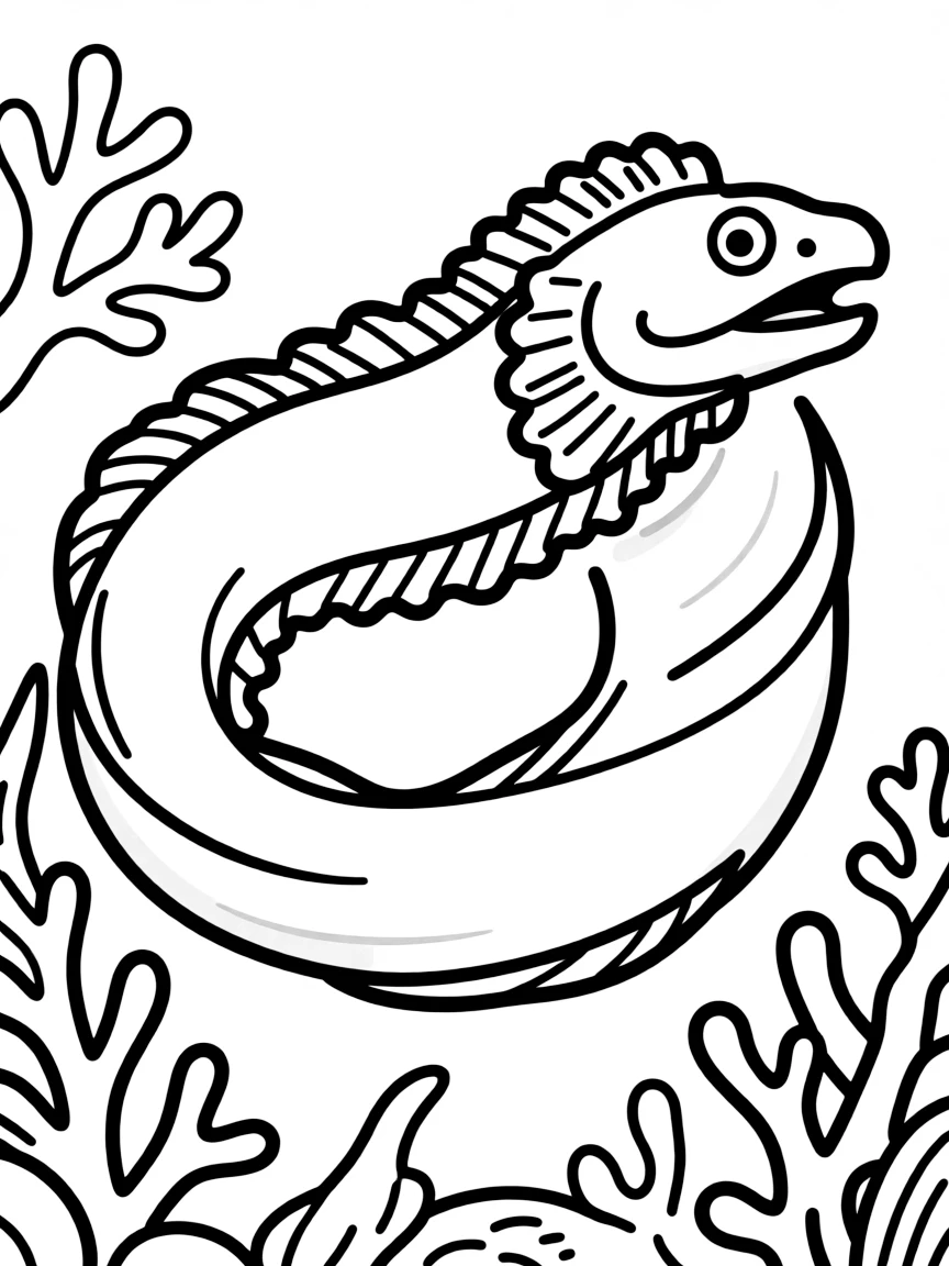 A fimbriated moray eel with its lacy gill edge visible as it breathes