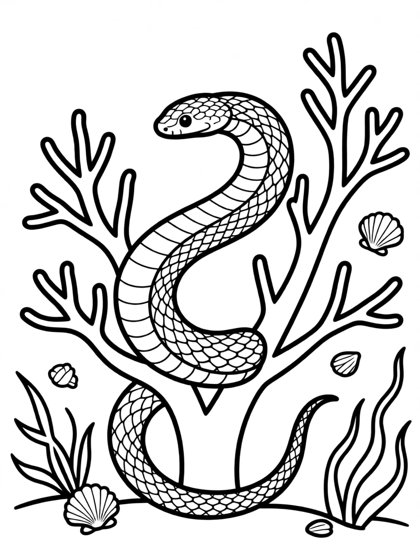 A slender sea snake swimming with vertical undulations through coral branches