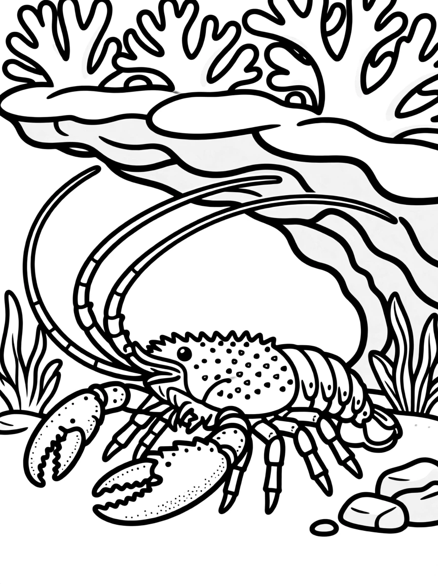 A large spiny lobster with its long antennae extending from under a coral ledge