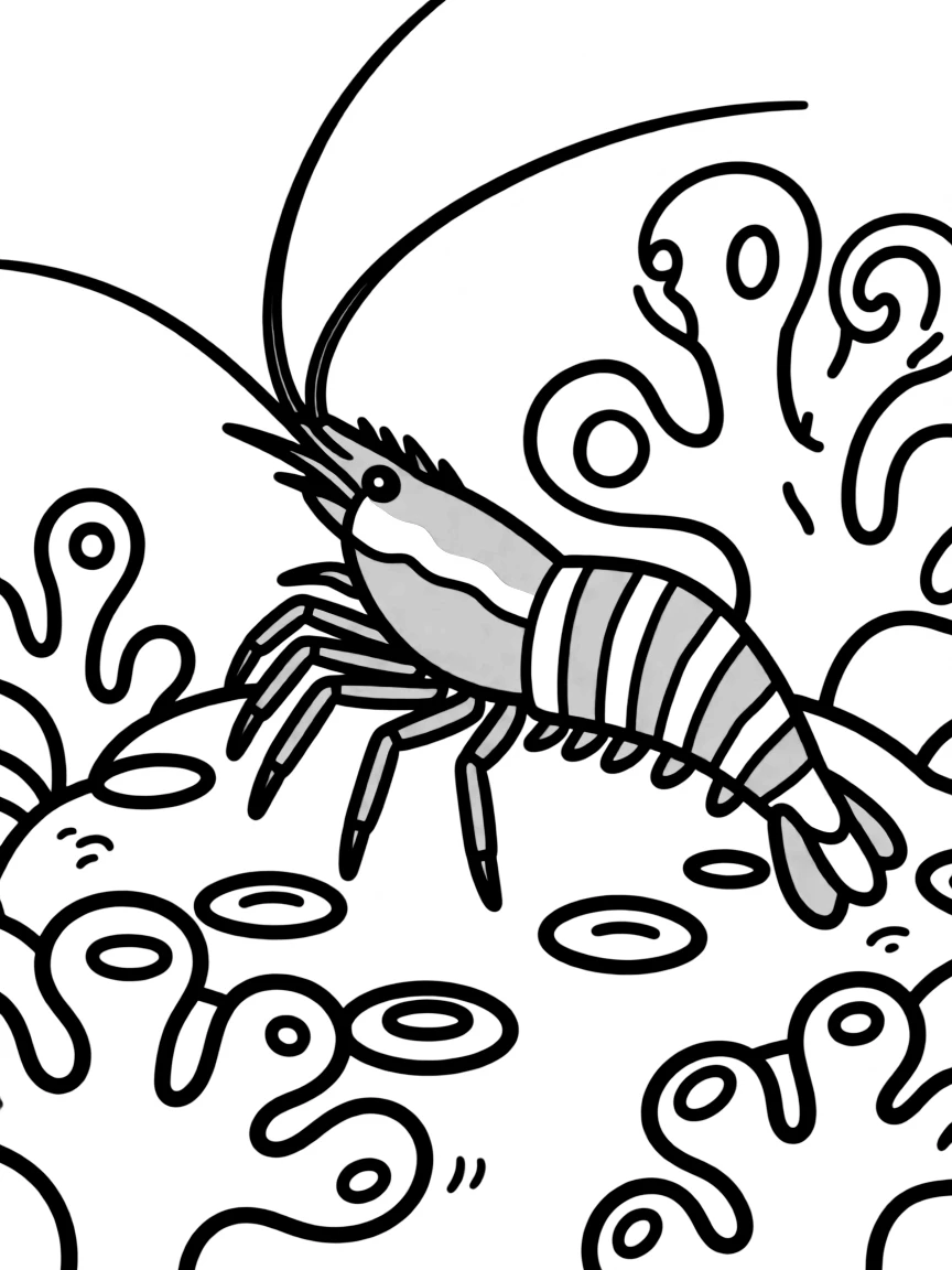 A coral-banded shrimp with its striking red and white pattern guarding its territory