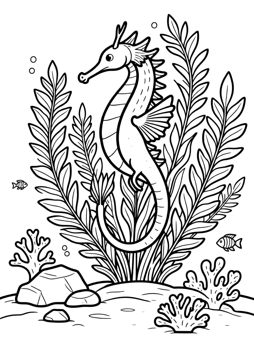 A sea dragon camouflaged among seaweed near a temperate reef