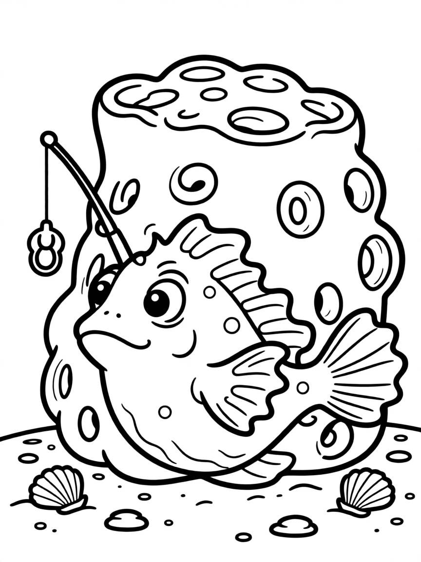 A frogfish with its lure extended, perfectly camouflaged against a sponge