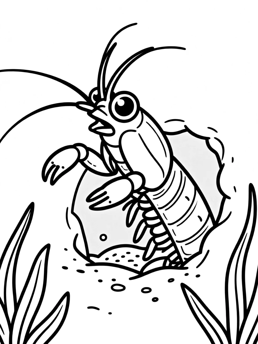 A mantis shrimp peering from its burrow with its complex eyes scanning for prey