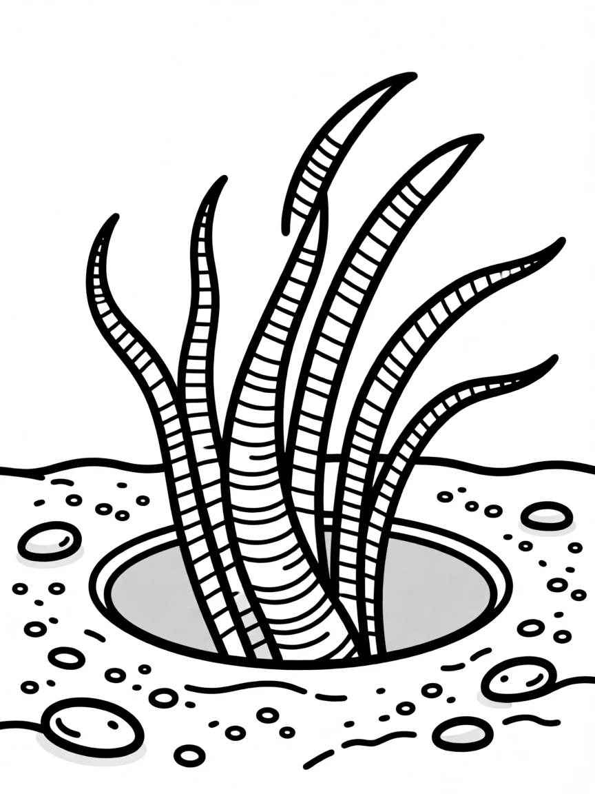 A bobbit worm with just its antennae visible from its burrow, waiting to ambush prey