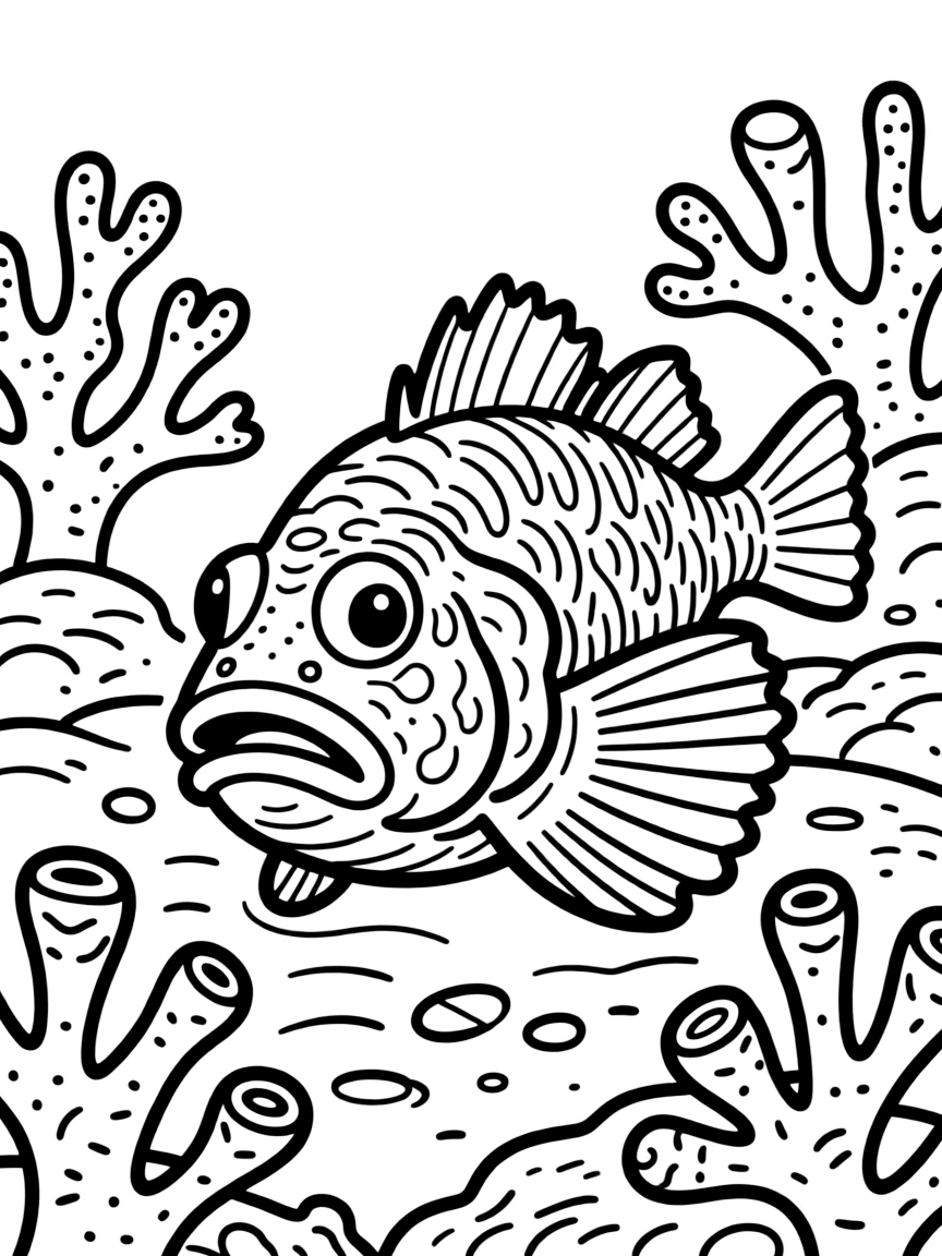 A stonefish nearly invisible against the reef substrate, only its eyes and mouth visible