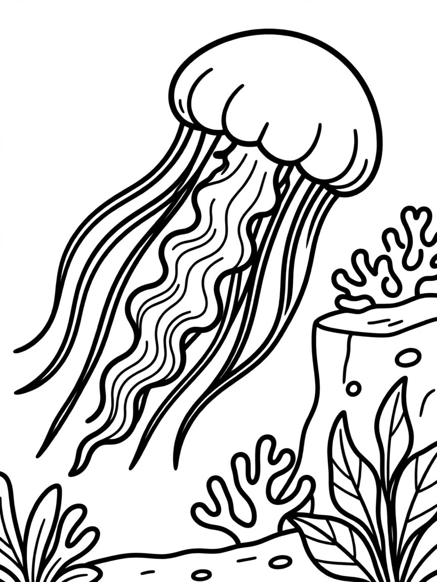 A sea nettle jellyfish with long trailing tentacles drifting near a reef wall