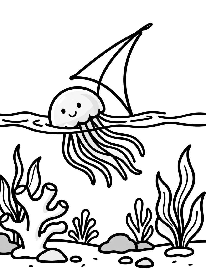 A by-the-wind sailor with its diagonal sail drifting past a reef system