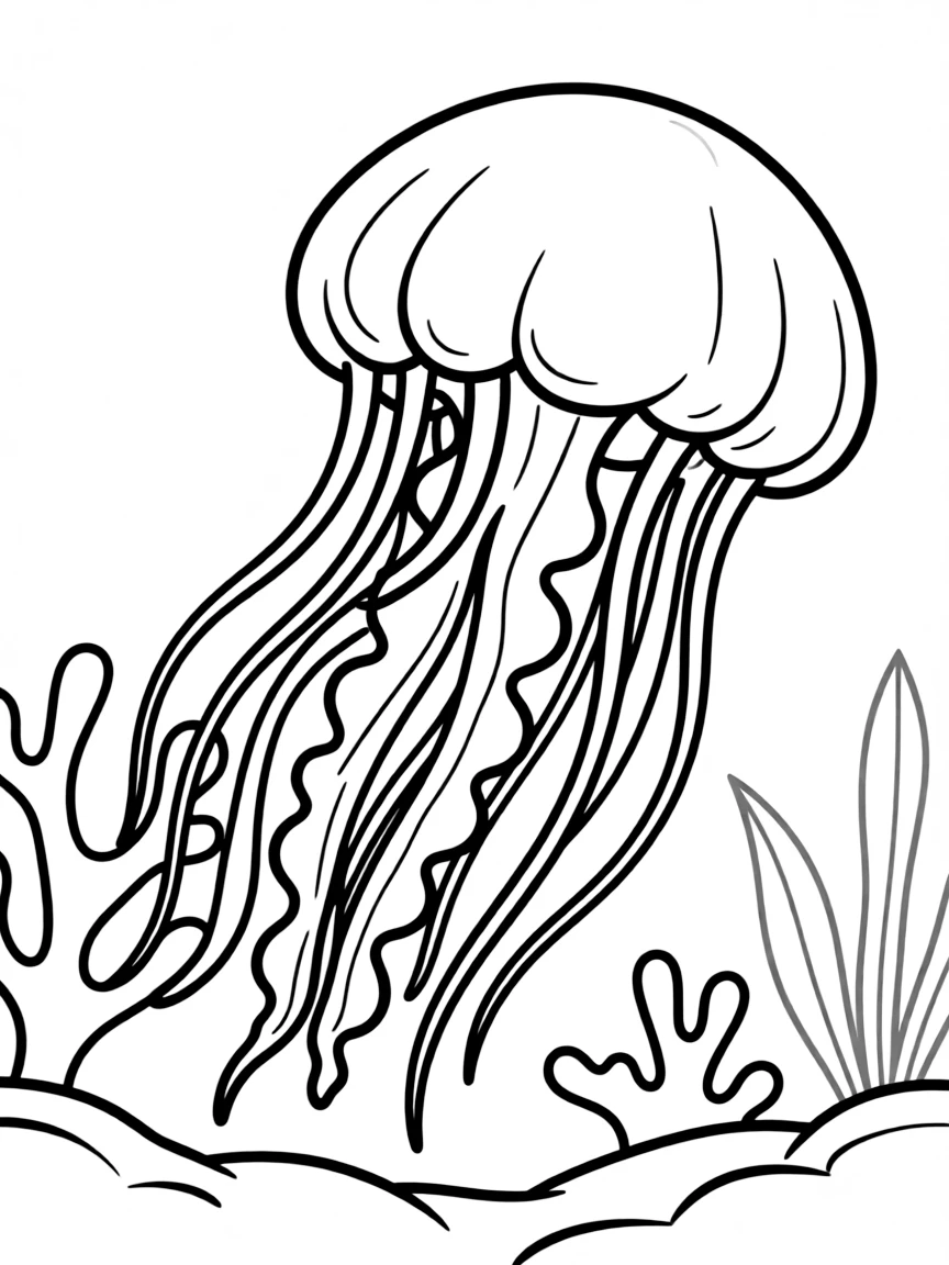 A lion's mane jellyfish with its massive bell and extensive tentacles near a reef edge
