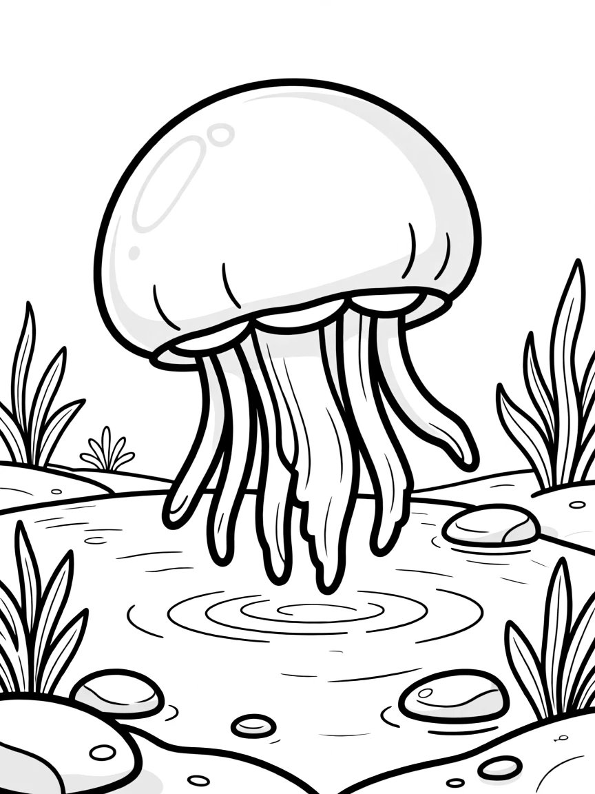 A cannonball jellyfish with its stubby oral arms swimming in a lagoon