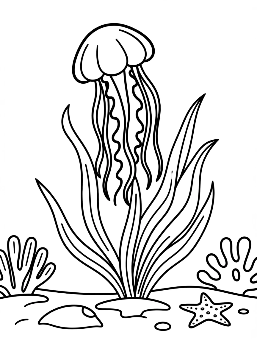 A stalked jellyfish attached to seagrass near a shallow reef area
