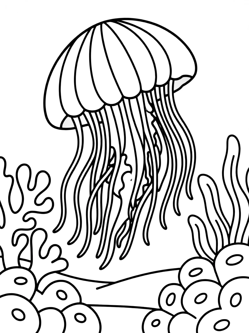 A purple striped jellyfish with its distinctive coloration drifting along a reef edge