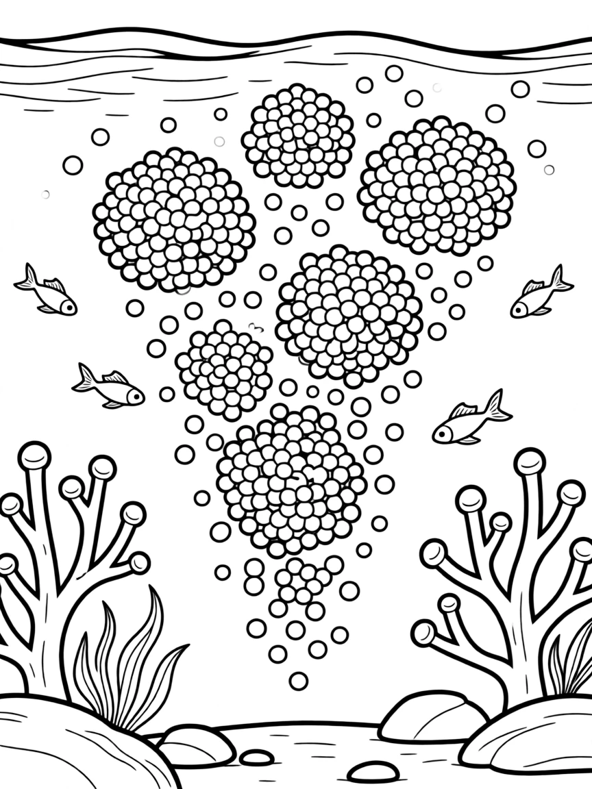 A coral spawning event with thousands of pink egg bundles floating upward like underwater snow