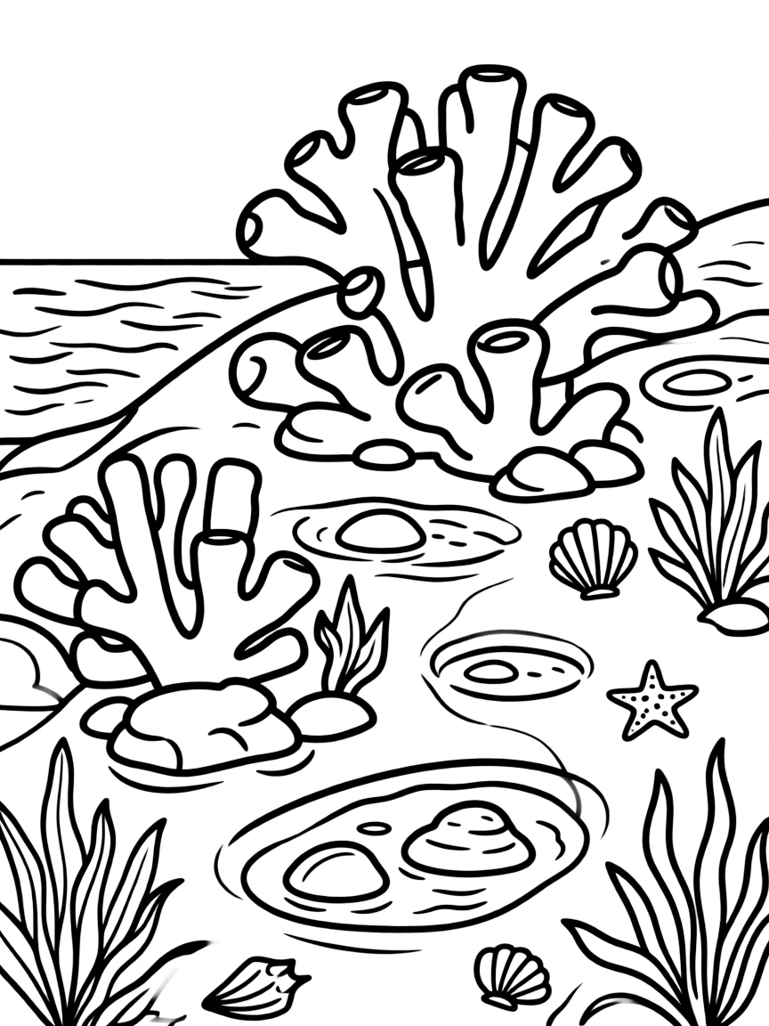 A reef during low tide with some coral tops exposed to air and tide pools forming