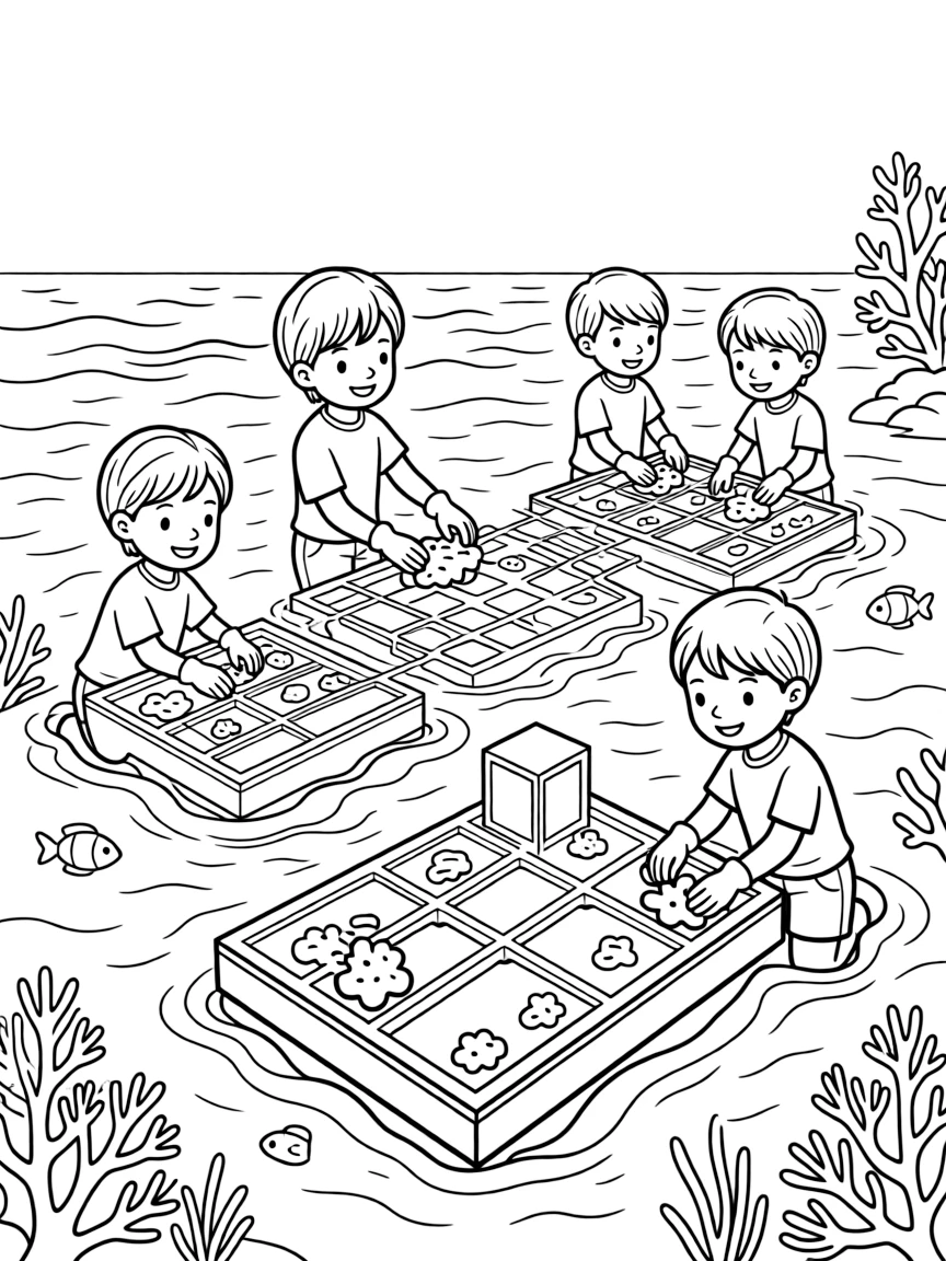 A coral restoration nursery with fragments growing on artificial structures