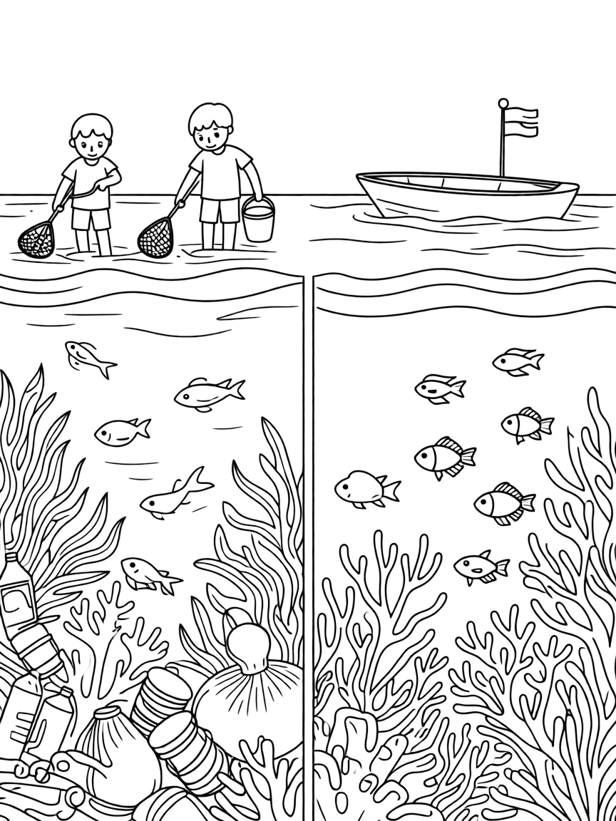 A before-and-after scene of a reef cleanup effort removing marine debris