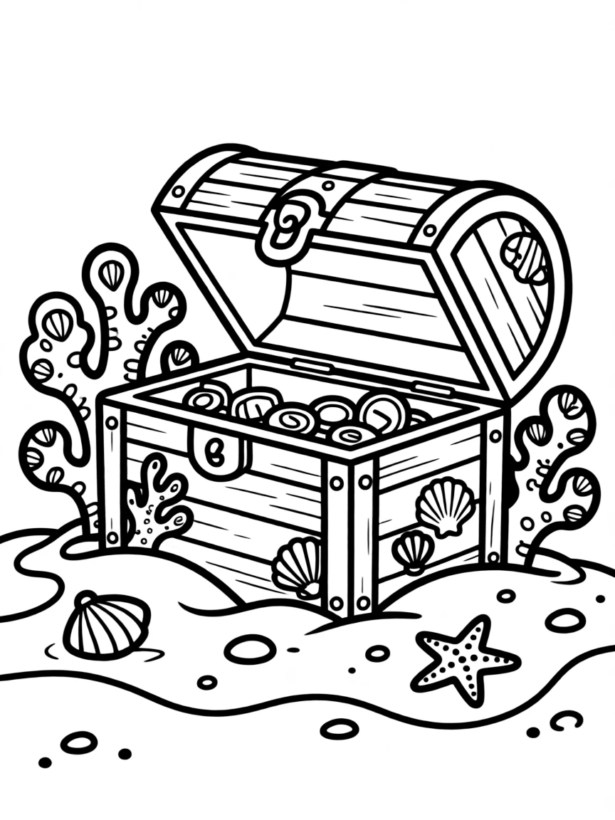 A pirate treasure chest partially buried in sand with coral growing on its exposed surfaces