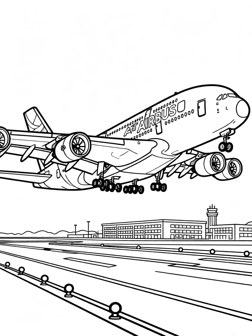 An Airbus A380 taking off from a runway with airport buildings visible