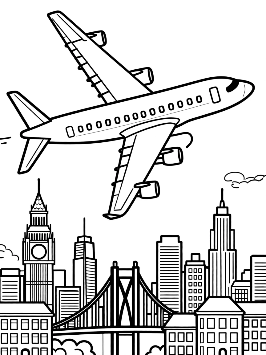 A commercial airliner flying over a cityscape with recognizable landmarks