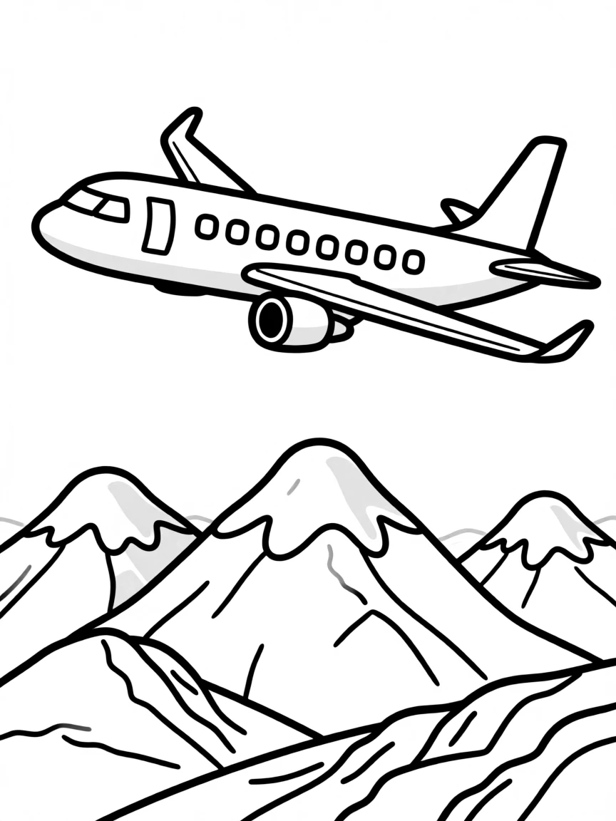 A passenger plane flying over a mountain range with snow-capped peaks