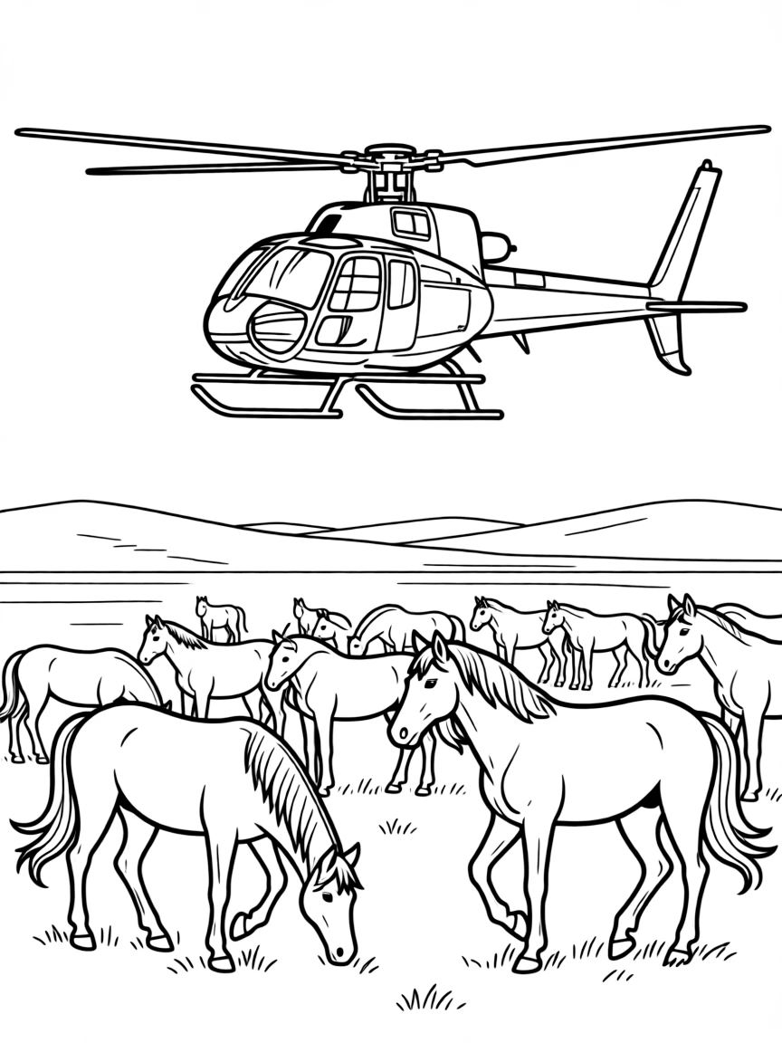 A helicopter flying over a herd of wild horses on open plains