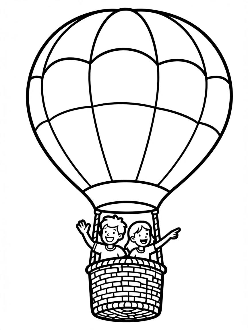 A hot air balloon with a wicker basket and passengers enjoying the view