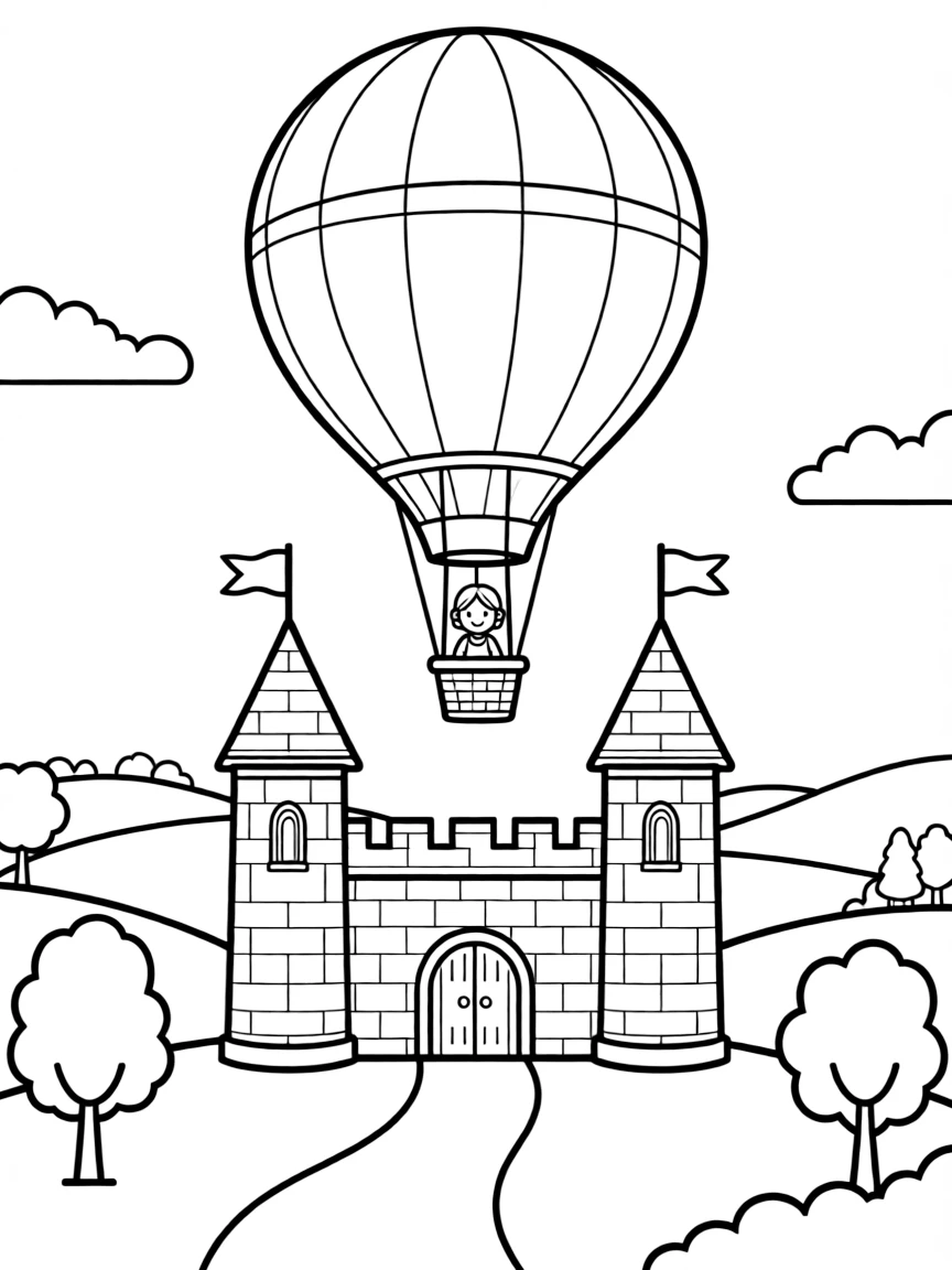 A hot air balloon flying over a medieval castle and countryside