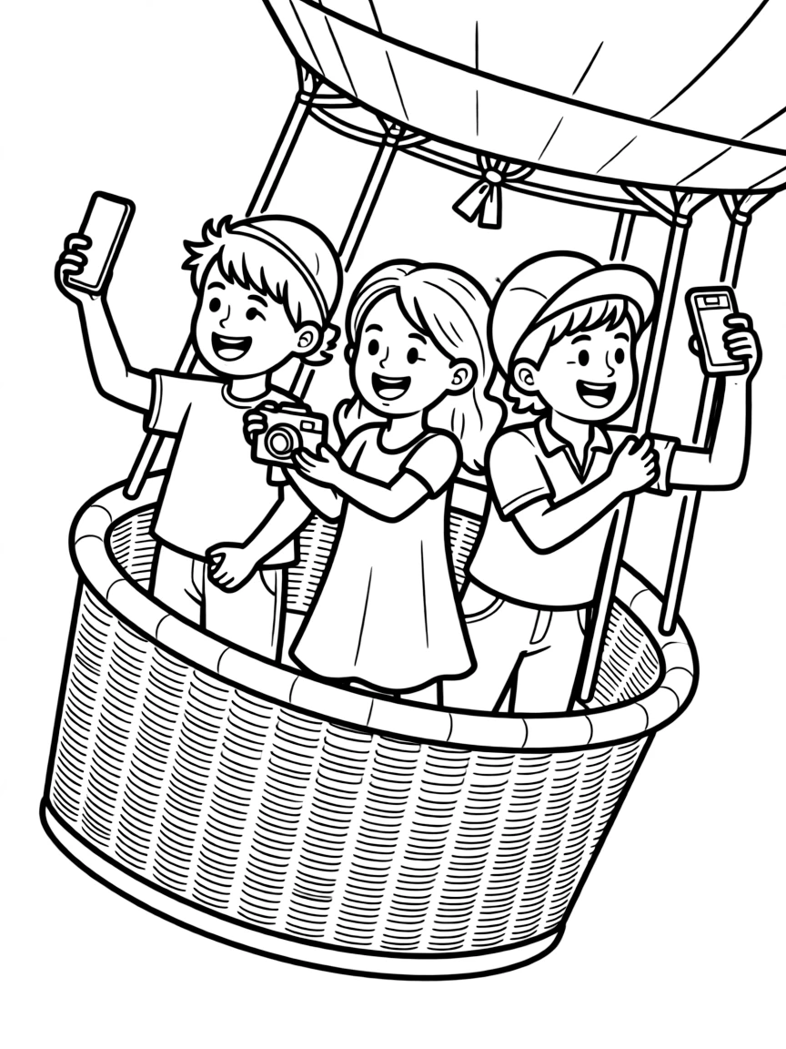 A close-up of passengers in a hot air balloon basket taking photos
