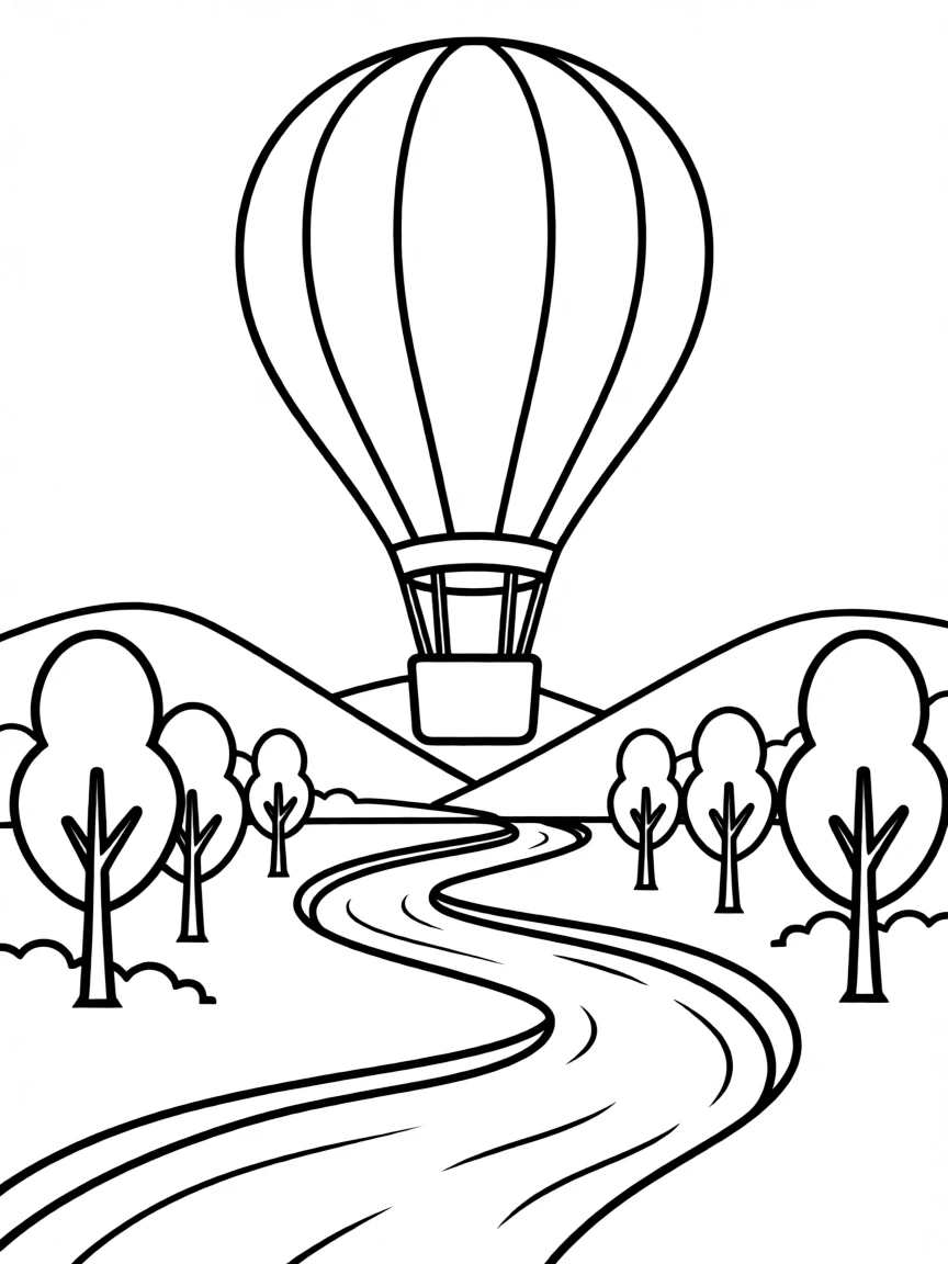 A hot air balloon flying above a river winding through a valley
