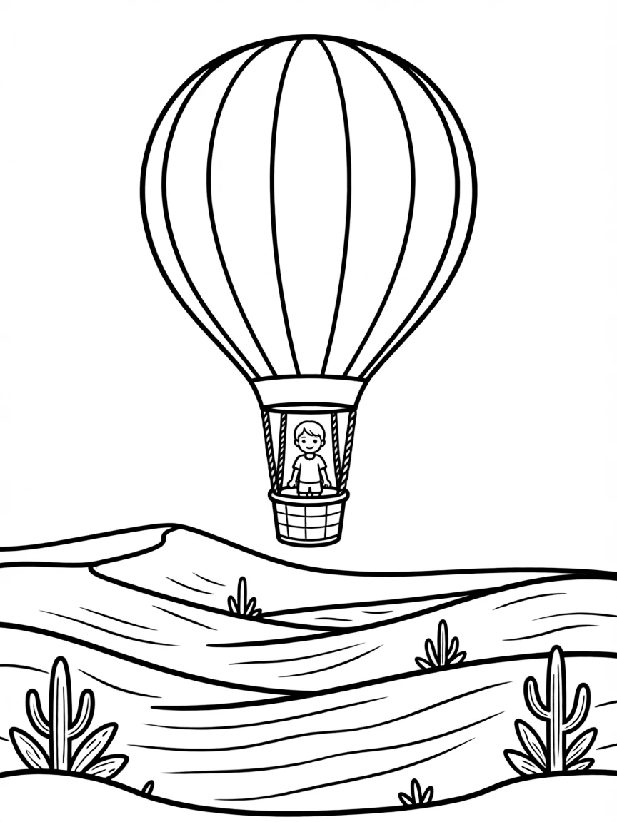 A hot air balloon flying over desert sand dunes