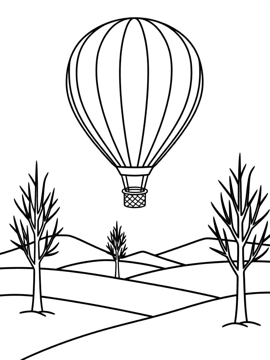 A hot air balloon flying over a snow-covered landscape in winter