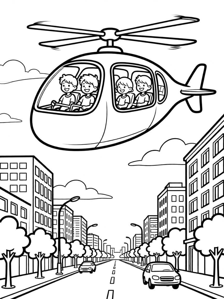 An electric air taxi with multiple passengers in an urban setting