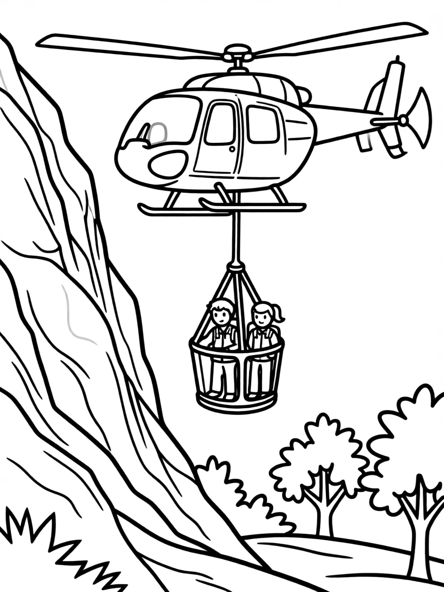 A helicopter with a rescue basket lowering to stranded hikers