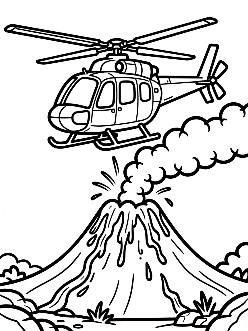 A helicopter flying over a volcanic eruption