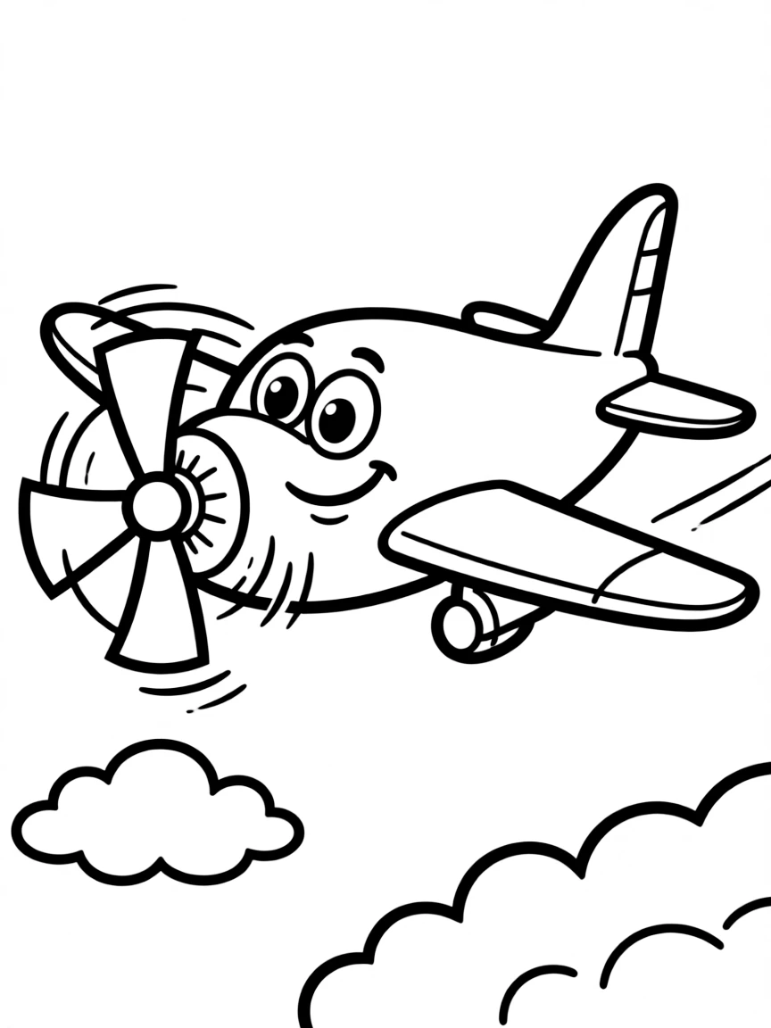 A cartoon airplane with exaggerated features and expressive eyes