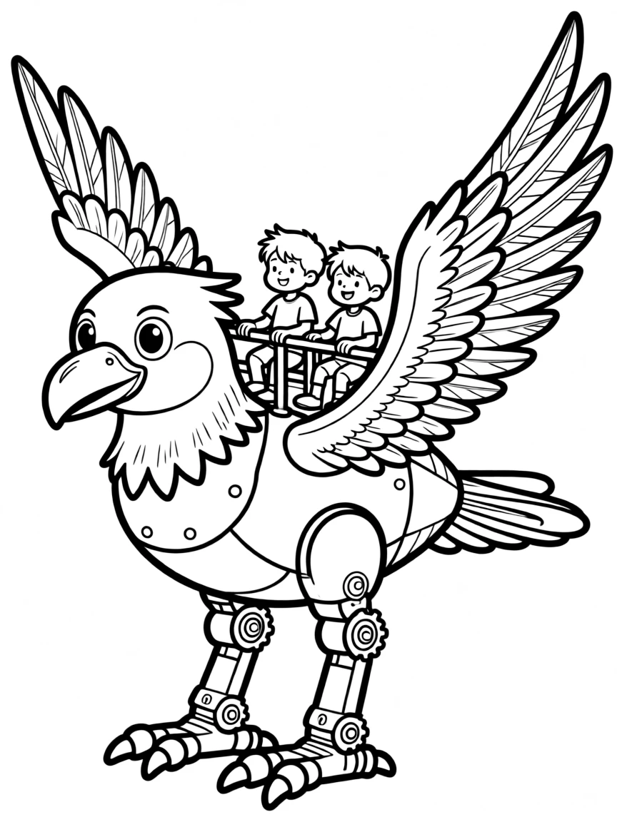 A giant mechanical bird with passengers riding on its back